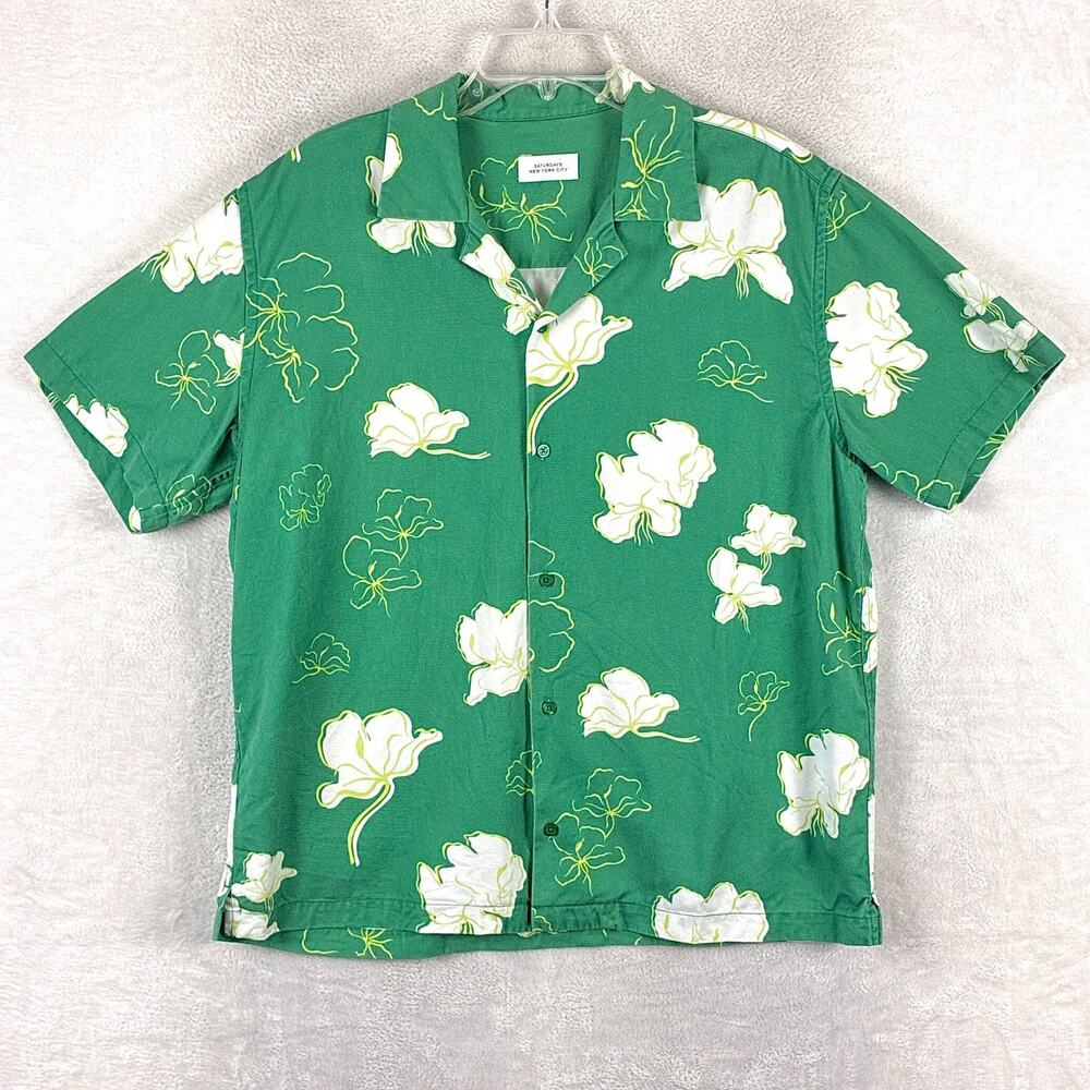 Saturdays NYC Shirt Mens L Green White Floral Canty Luxury Camp Preppy Summer